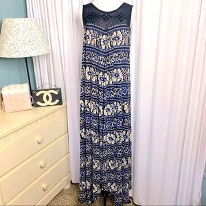 Lucky Brand Dress Crochet Macrame Blue Floral Med